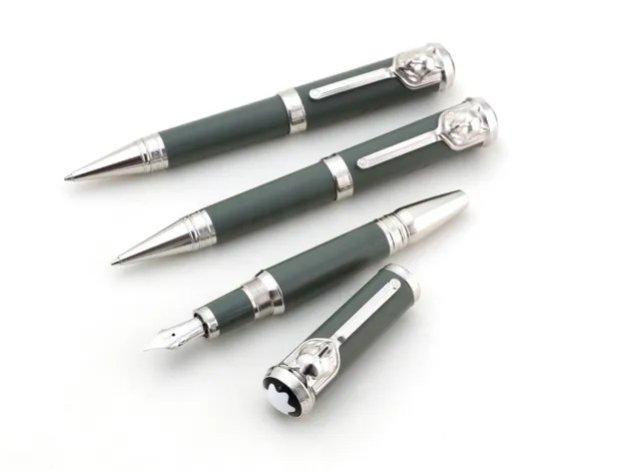 MONTBLANC RUDYARD KIPLING - SÉRIE LIMITADA Nº0786/1300. CONJUNTO DE CANETA ESFEROGRÁFICA, LAPISEIRA E CANETA TINTEIRO (PISTÃO) COM PENA DE OURO 18K.